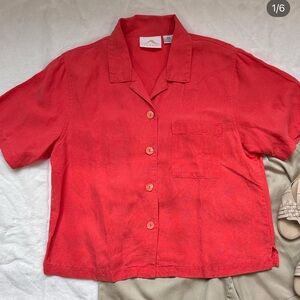 Vintage • linen blend melon pink blouse